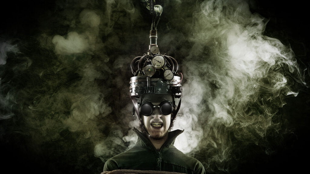 A man in a mask with smoke coming out of his head.