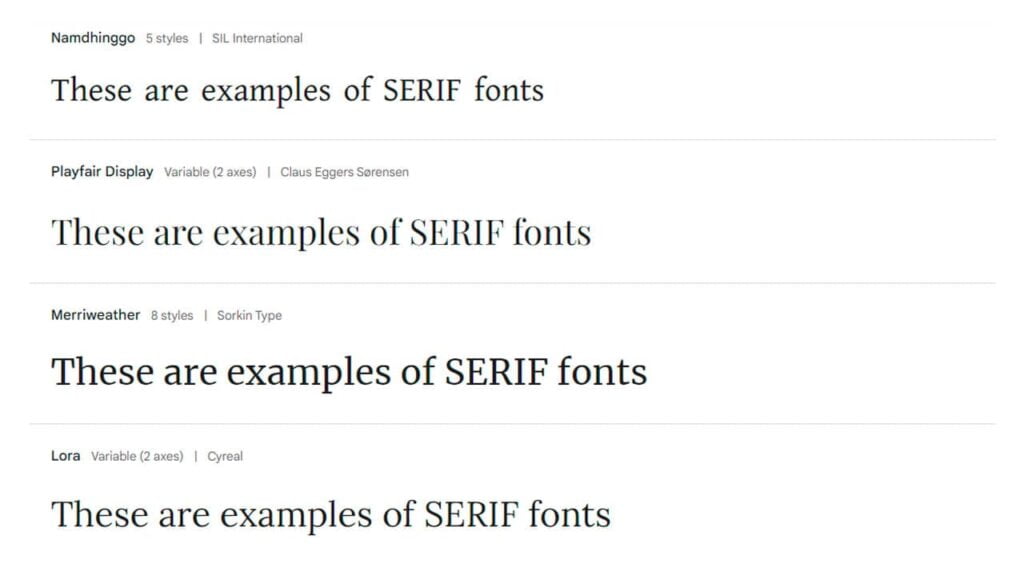 The image displays samples of different serif font types with their names and styles specified, providing examples for comparison in web design psychology.