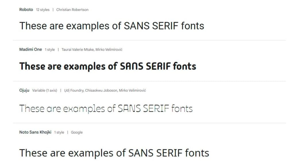 The image displays text samples of different font types, catered to web design psychology, categorized into sans serif and serif fonts, showcasing examples such as roboto, madimini, ojuju,