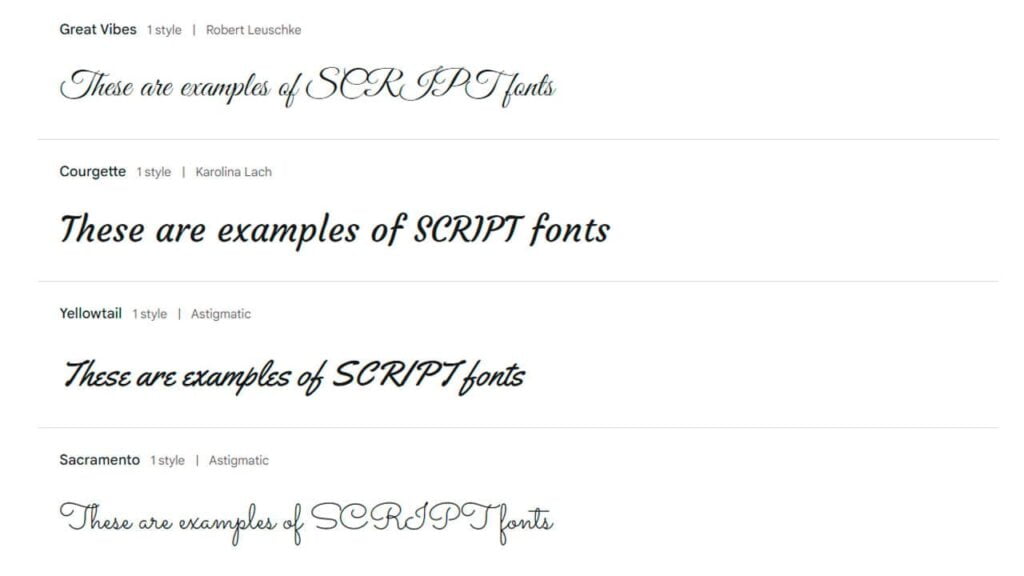 Font style samples showcasing different script typefaces, essential for web design psychology.