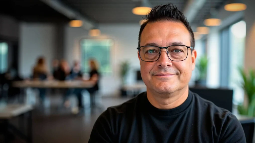 Man wearing glasses and a black shirt smiles slightly while standing in a modern office with people blurred in the background.