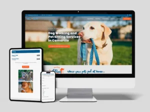 Computer, tablet, and phone displaying a pet sitting service website with images and pricing.