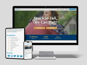 A desktop monitor, tablet, and smartphone display a bail bond service website with the headline "Stuck in Jail, We Can Bail!" The site offers bail applications and specialized services.