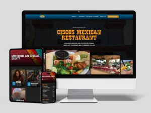 A computer screen and mobile devices display Cisco's Mexican Restaurant website, featuring food images, live music events, and reservation options.