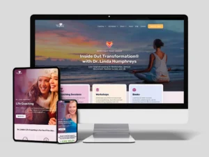 A desktop, tablet, and smartphone display a website homepage for "Inside Out Transformation" by Dr. Linda Humphreys, featuring life coaching, workshops, and books against a sunset background.