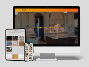 Computer screen and devices displaying a website for G & H Granite and Marble with images of countertops and stone samples.
