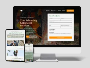 A computer, tablet, and smartphone display a tree trimming service website with a quote request form and images of workers trimming trees.