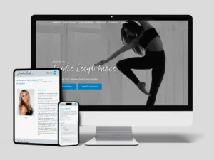 A desktop, tablet, and smartphone display a website for "Andie Leigh Dance" with images and text about dance classes.