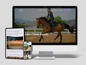 Mockup showing a ranch website displayed on a desktop monitor, tablet, and smartphone. The monitor shows a rider on horseback, while the tablet shows text about a luxury horse facility.