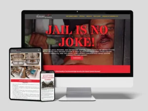 A computer and two tablets display a website with large text reading "JAIL IS NO JOKE!" and content about anti-splash systems in jails.