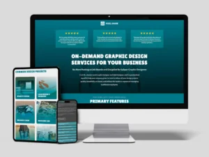 A monitor, tablet, and phone display a graphic design service website, highlighting client testimonials and common design projects like website design, logo design, and business cards.