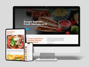 A computer, tablet, and smartphone display a website for "Burger Express Fresh Mexican Grill" with images of Mexican dishes like tacos and guacamole on their screens.