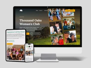 A desktop screen shows the Thousand Oaks Woman's Club website with images of members. A tablet displays news of elected members.