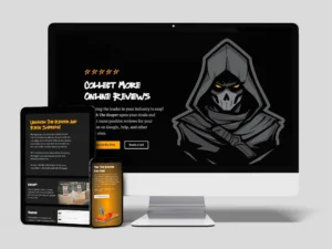 A desktop and two mobile devices display a website featuring a hooded skeleton graphic and information about collecting online reviews.