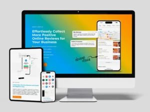 Digital mockup displays a website about collecting online reviews, shown on a desktop, tablet, and smartphone, featuring vibrant colors and app interface.